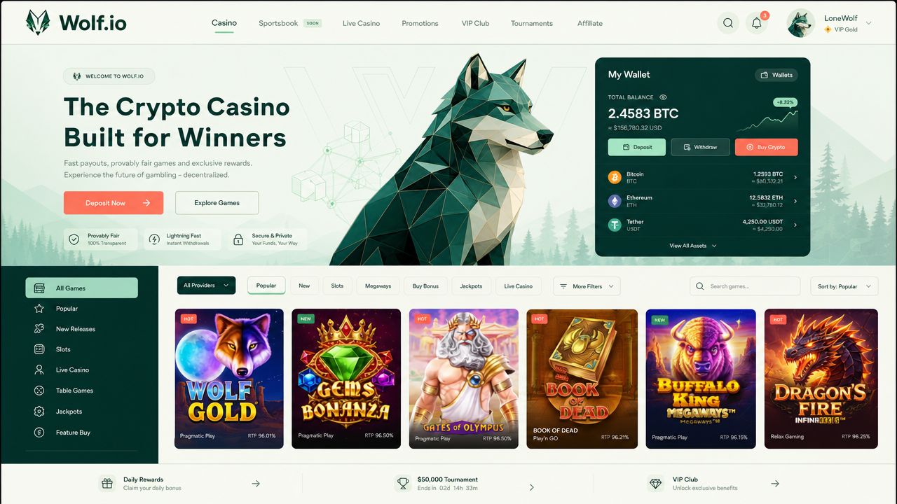 Wolf.io crypto casino desktop interface with wallet widget and slot grid