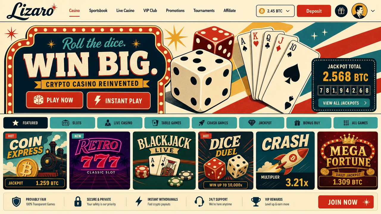 Lizaro casino desktop interface with Wild West theme, cream background, red CTAs, and colourful game tile grid