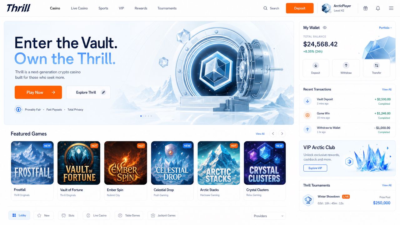 Thrill crypto casino desktop interface with live casino tables and integrated sportsbook
