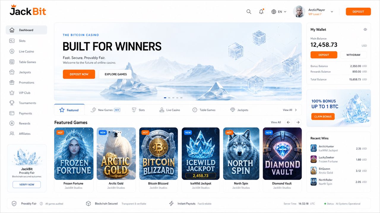 JackBit casino interface showing crypto and fiat wallet dashboard with game catalogue and live casino section