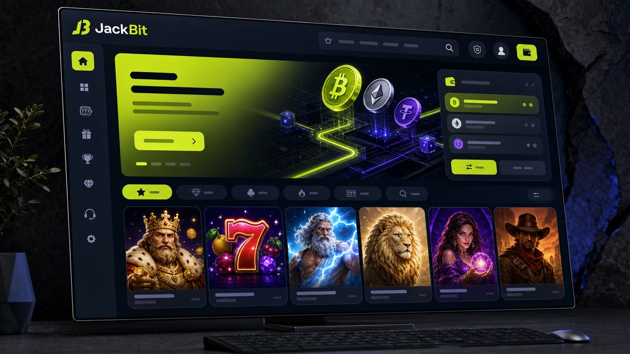 JackBit crypto and fiat casino desktop interface mockup with sportsbook and slots