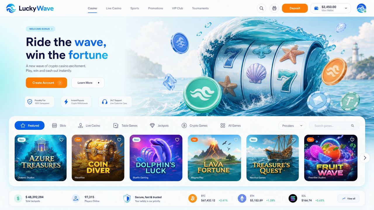 LuckyWave casino homepage with ocean-themed slot reels and game tiles
