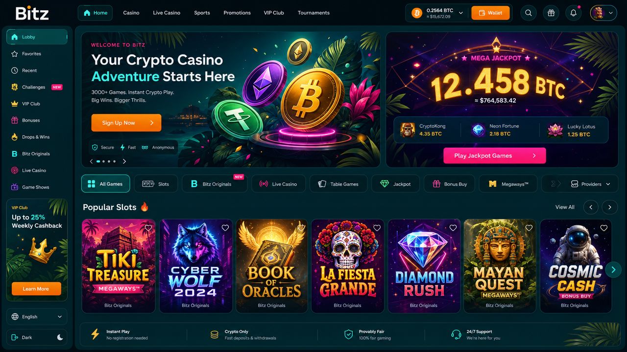 Bitz crypto casino homepage screenshot