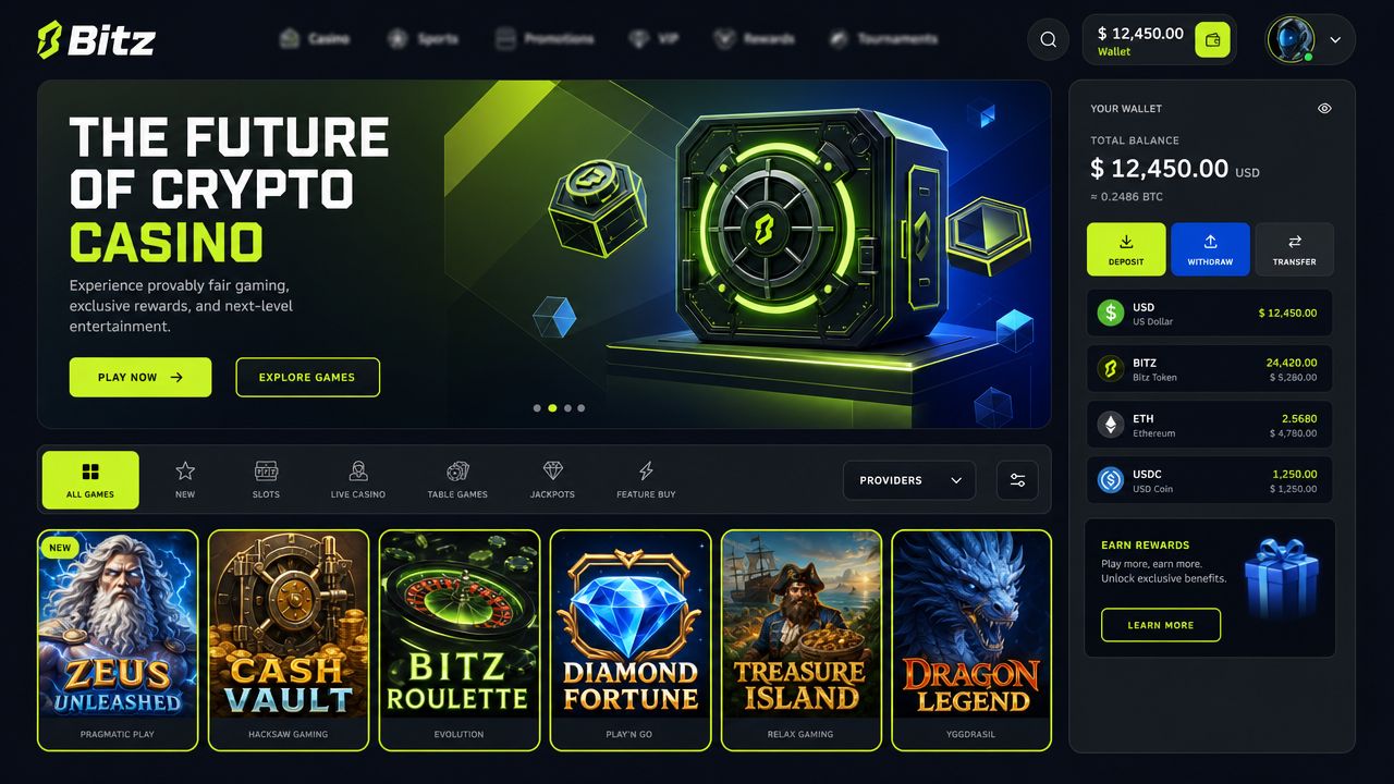Bitz crypto casino desktop interface showing electric lime and charcoal theme with game thumbnails and wallet sidebar
