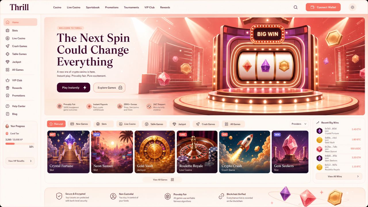 Thrill crypto casino homepage with game category tabs and featured game tiles