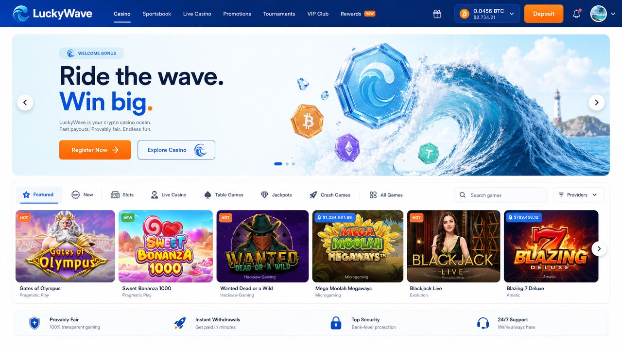 LuckyWave casino desktop interface with ocean-themed layout and game lobby