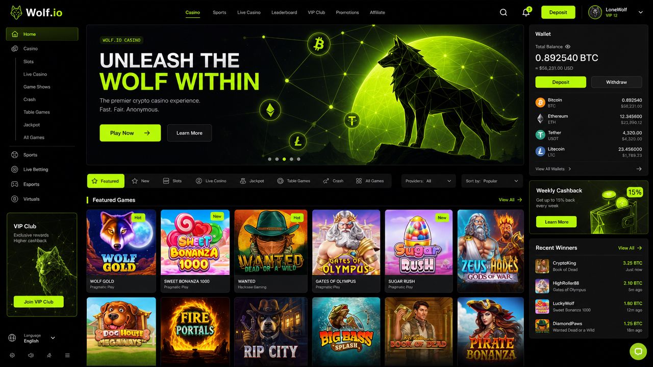 Wolf.io crypto casino desktop interface with lime green panels and wolf branding