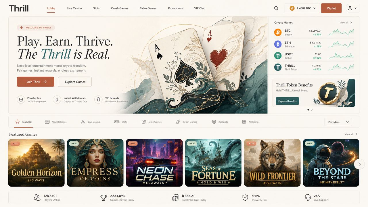 Thrill crypto casino homepage mockup with warm ivory palette and boutique live-casino layout