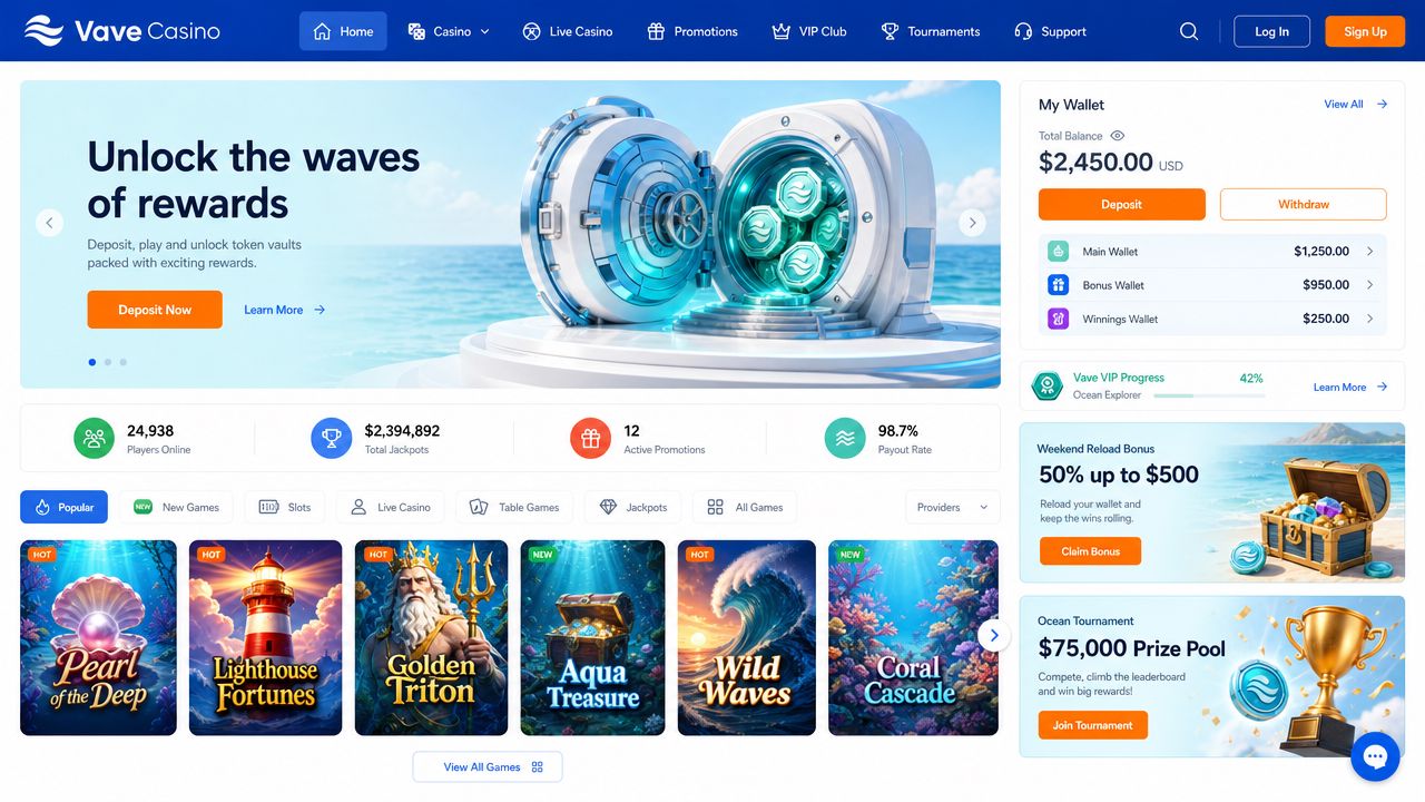 Vave Casino desktop interface showing crypto wallet widget, game catalogue tiles, and sportsbook navigation