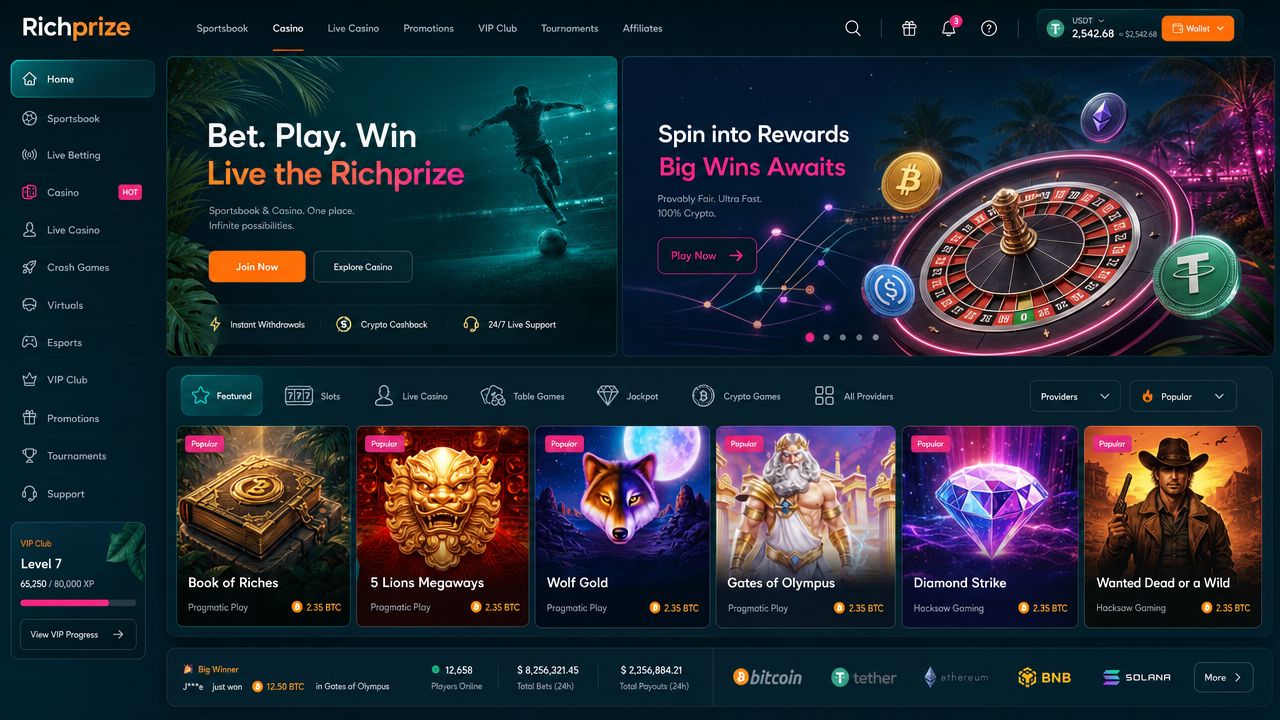Richprize crypto casino desktop mockup with tropical night palette, sportsbook and slots layout