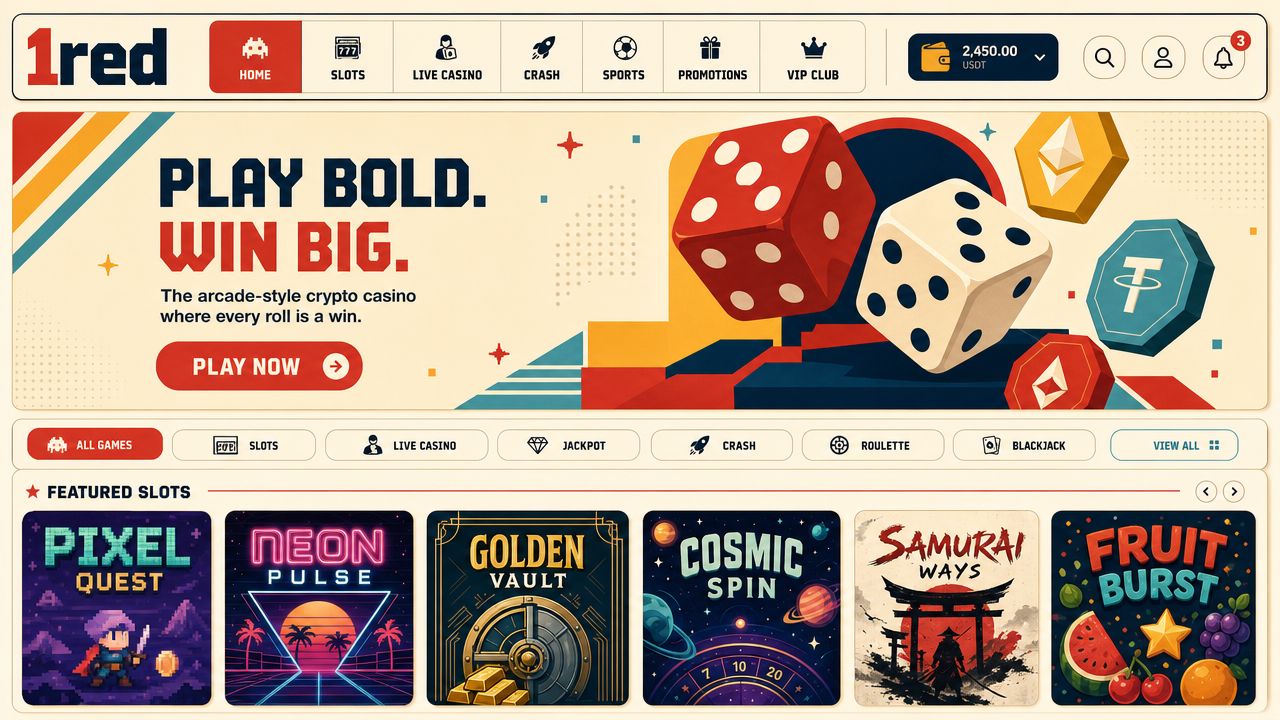 1red crypto casino homepage mockup with retro red panels and slot tiles