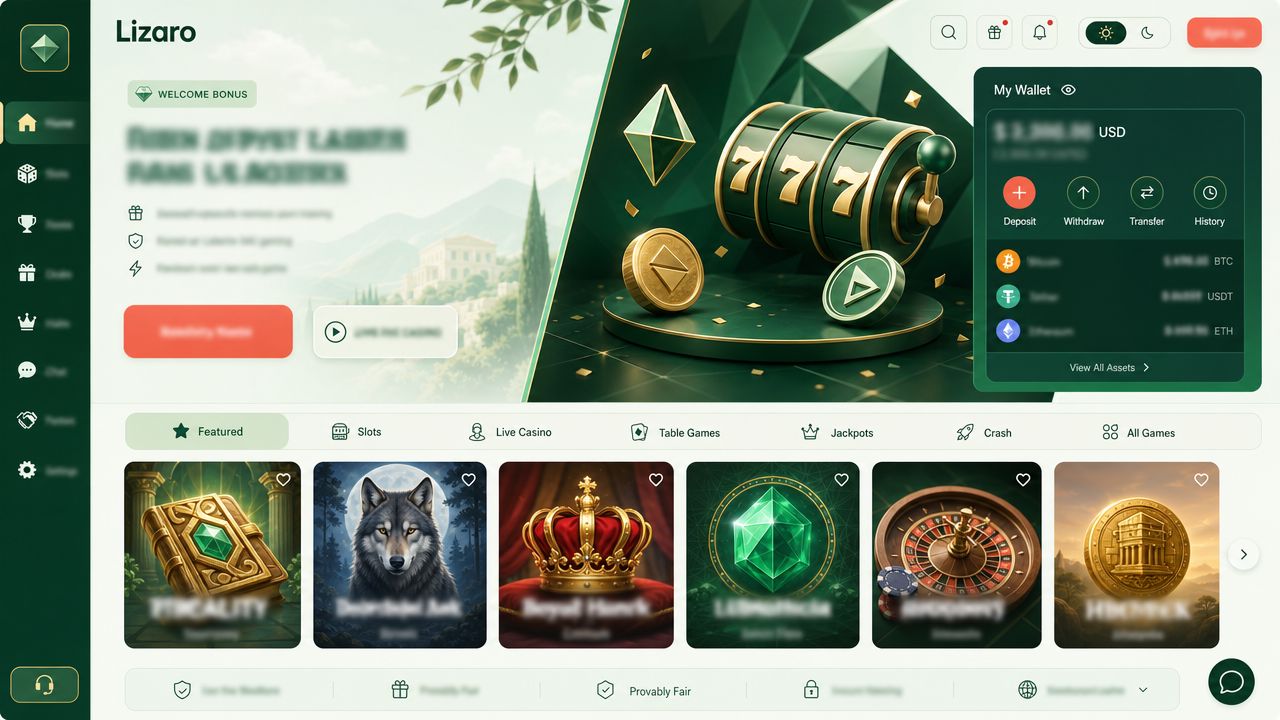 Lizaro casino homepage with game tiles, category tabs and wallet widget