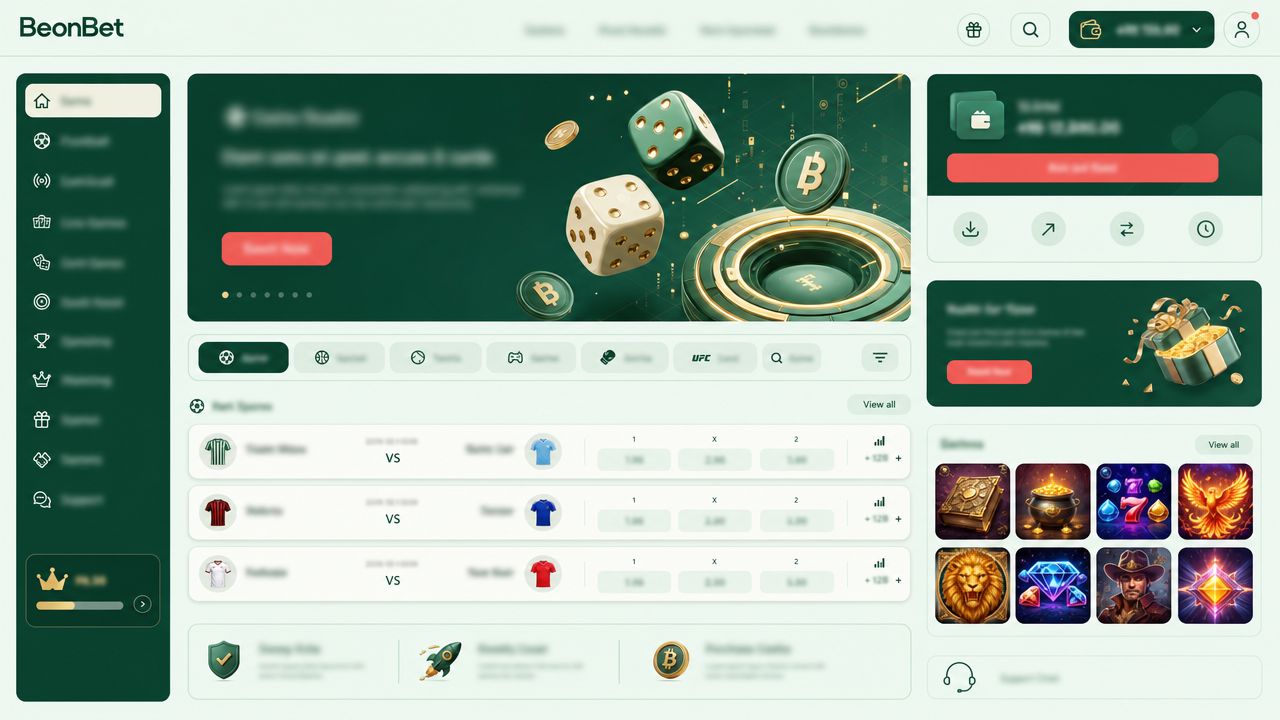 BeonBet casino and sportsbook homepage with slot tiles and match cards