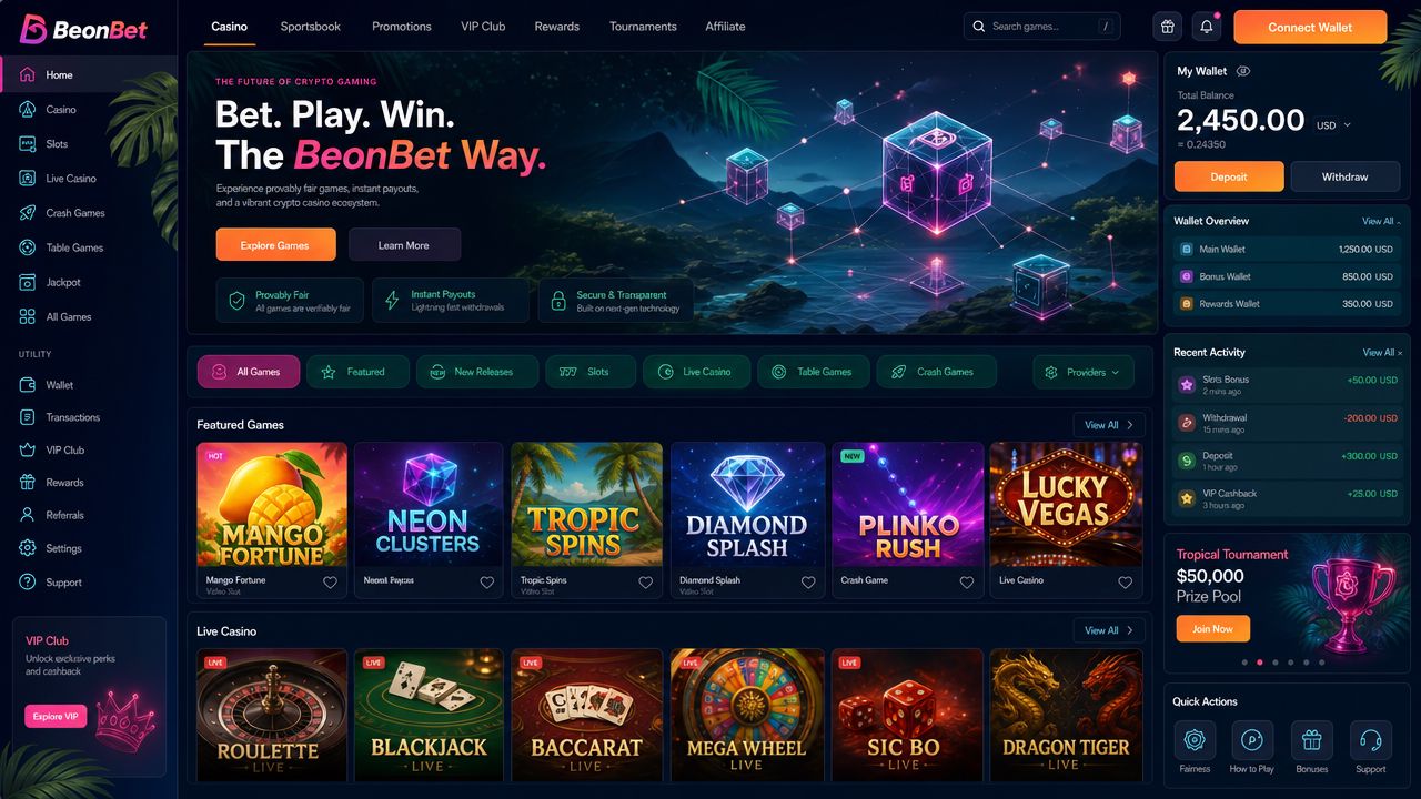 BeonBet casino desktop interface showing multi-vertical game lobby with sportsbook and eSports sections