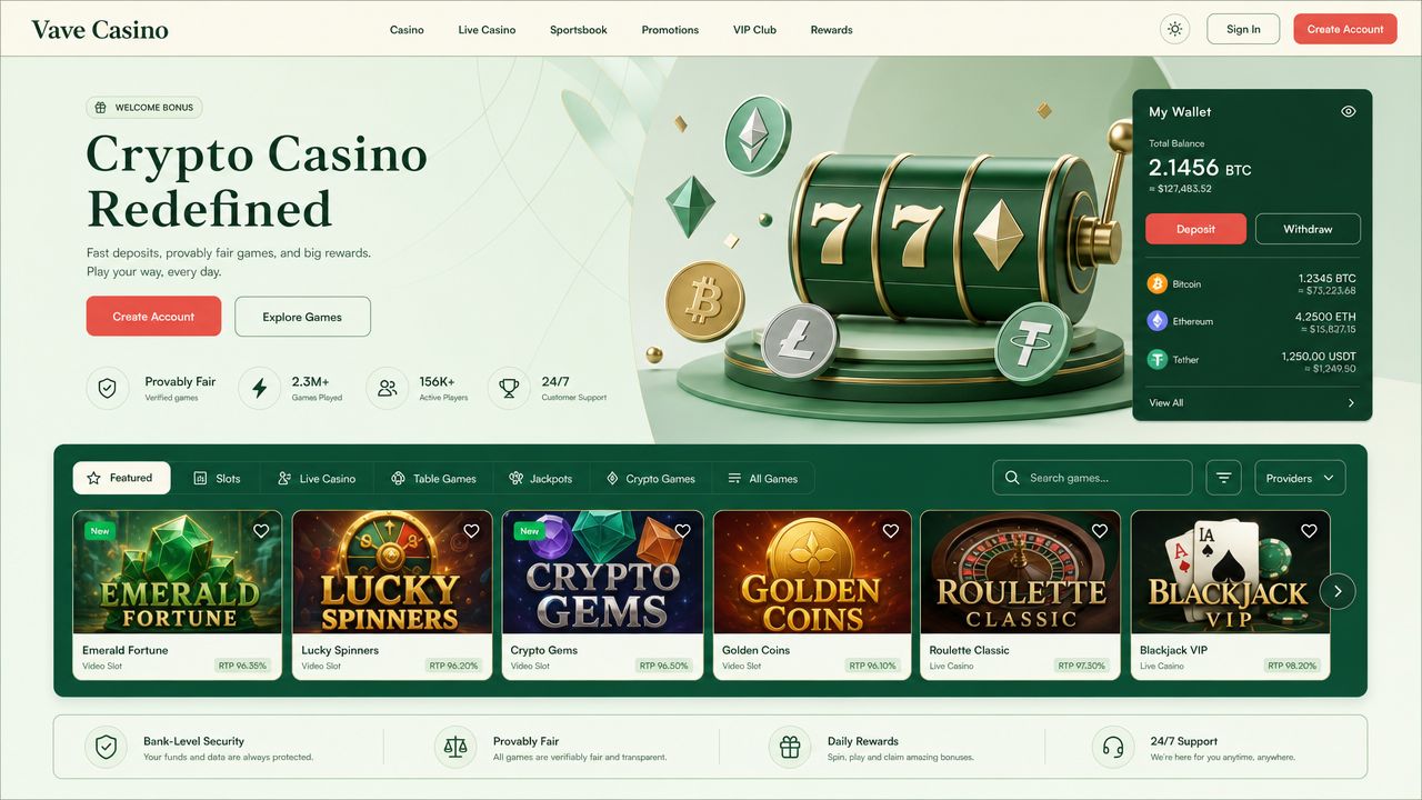 Vave Casino homepage with crypto wallet widget, game categories and slot tiles