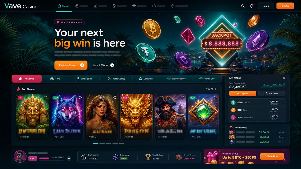 Vave Casino homepage mockup showing slot thumbnails and wallet widget