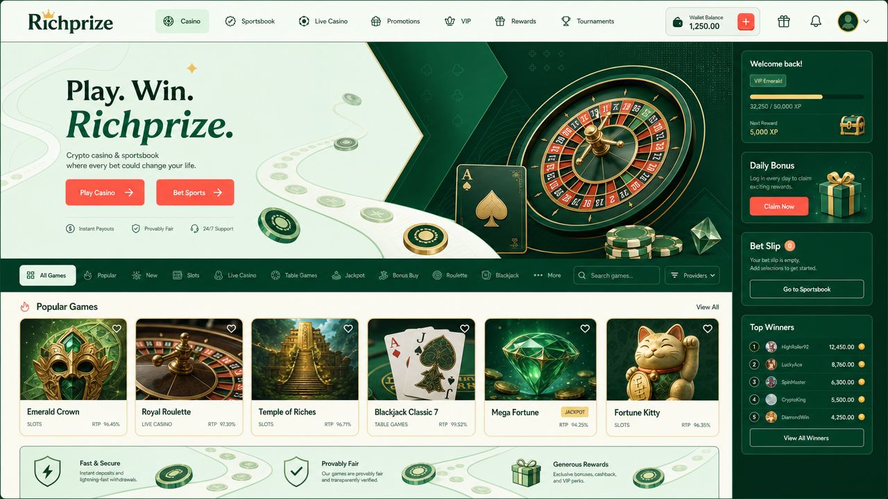 Richprize casino desktop interface with mint-green and coral color scheme, sportsbook and casino game tile grid