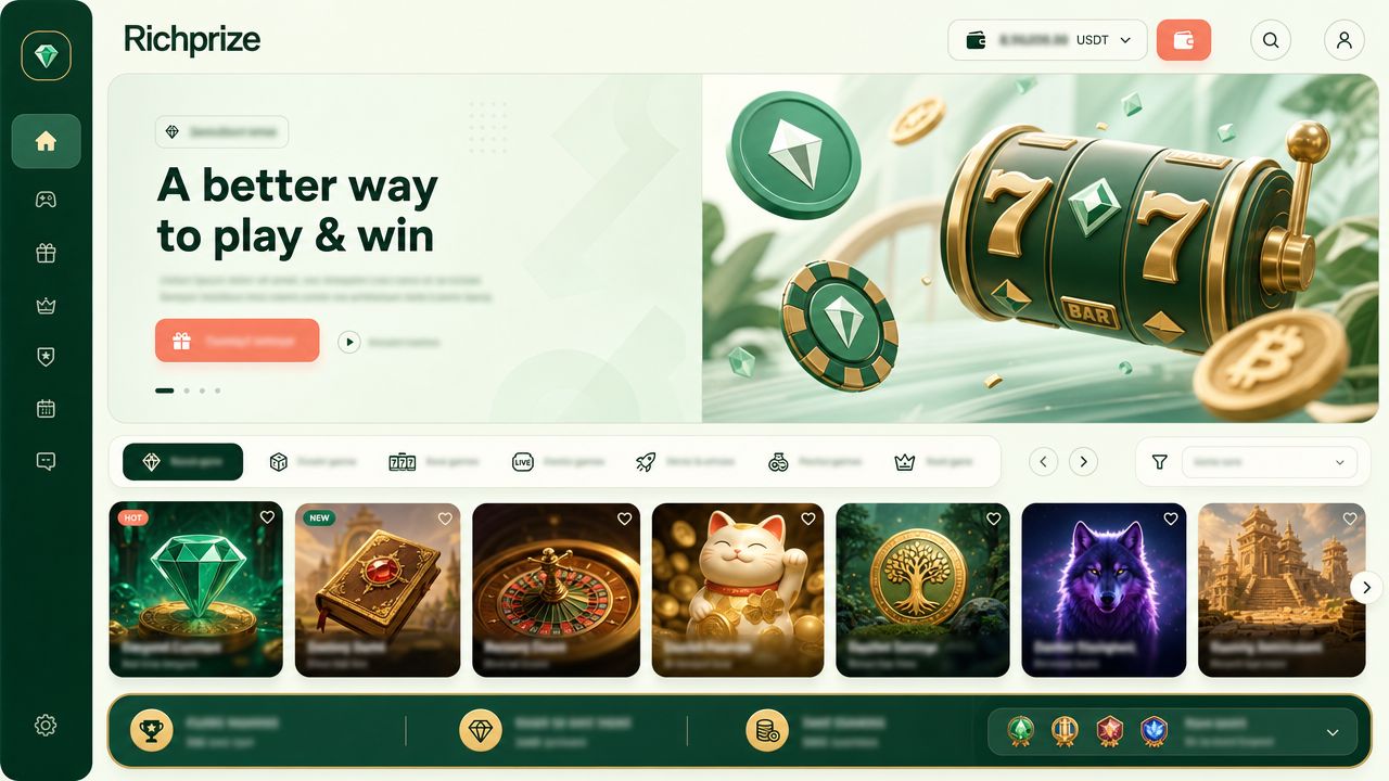 Richprize casino homepage with slot reels, category tabs and a row of game tiles