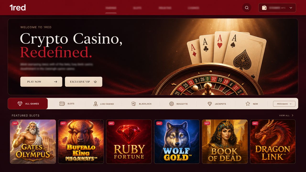 1red casino desktop interface with red colour scheme showing game lobby and sportsbook navigation