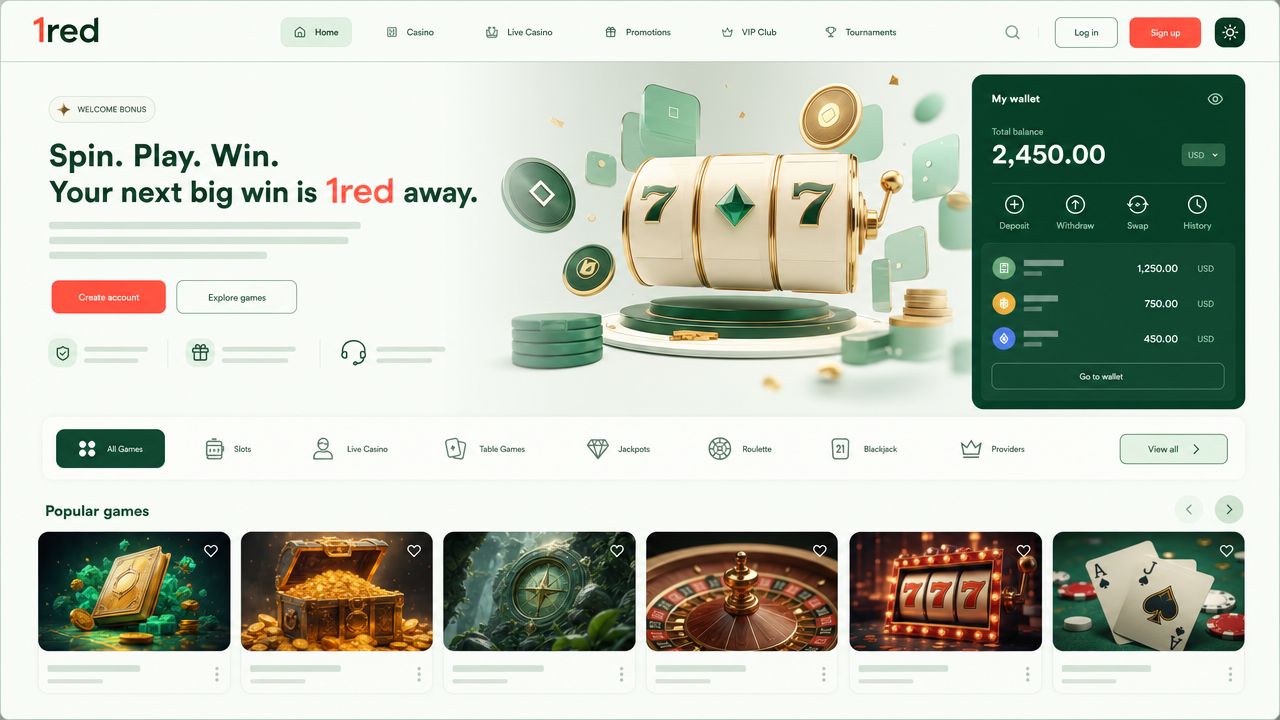 1red crypto casino homepage with game tiles, category tabs and wallet widget