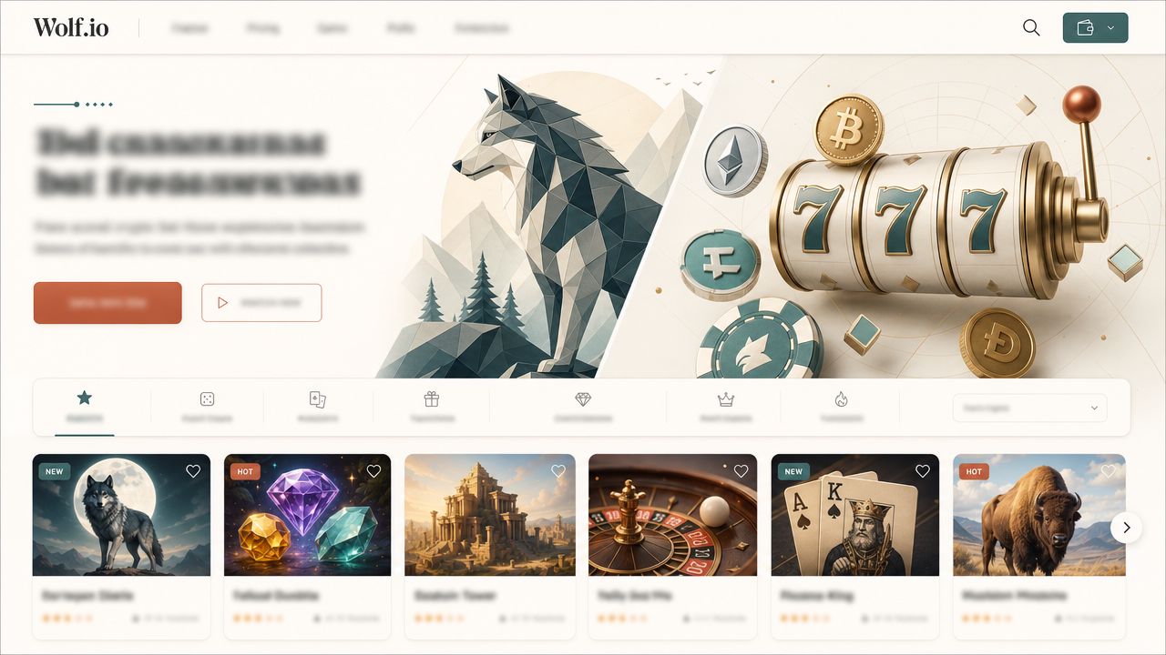 Wolf.io crypto casino homepage with category tabs and game tiles