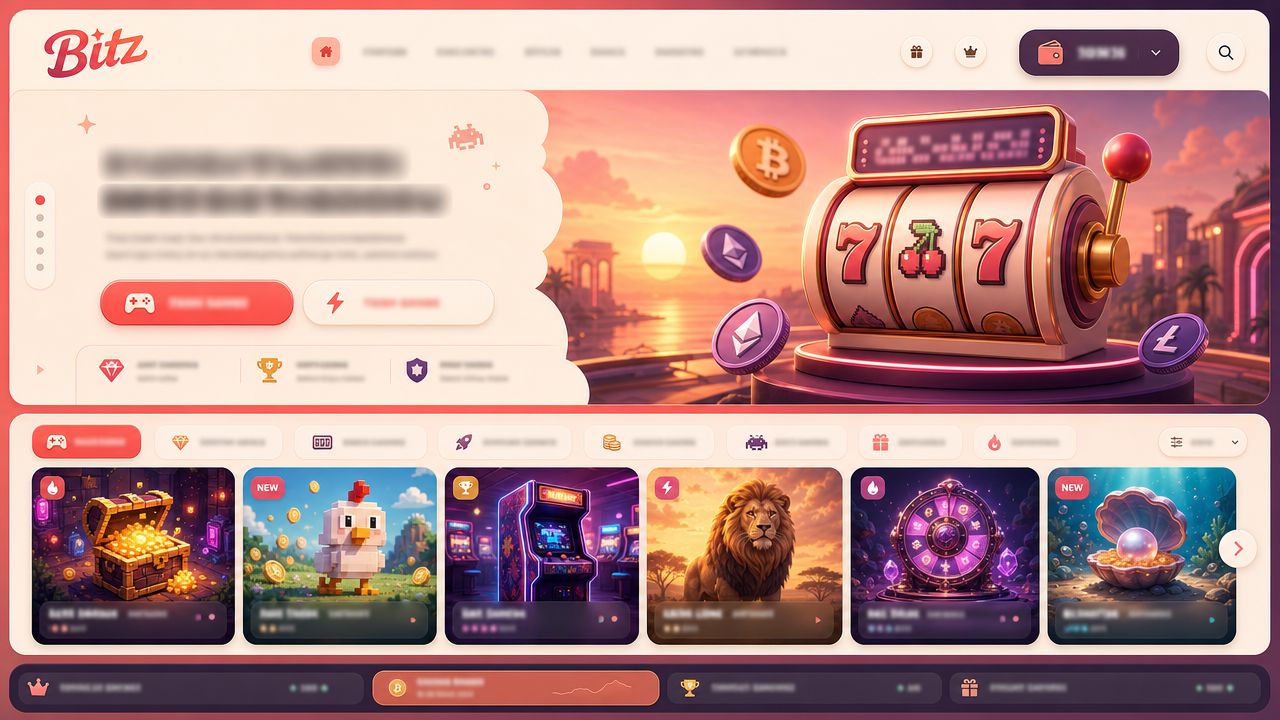 Bitz crypto casino homepage with slot games, category tabs and sportsbook navigation