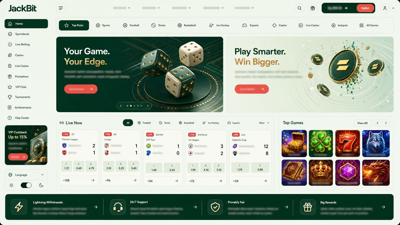 JackBit crypto casino homepage with sportsbook match cards and slot game tiles